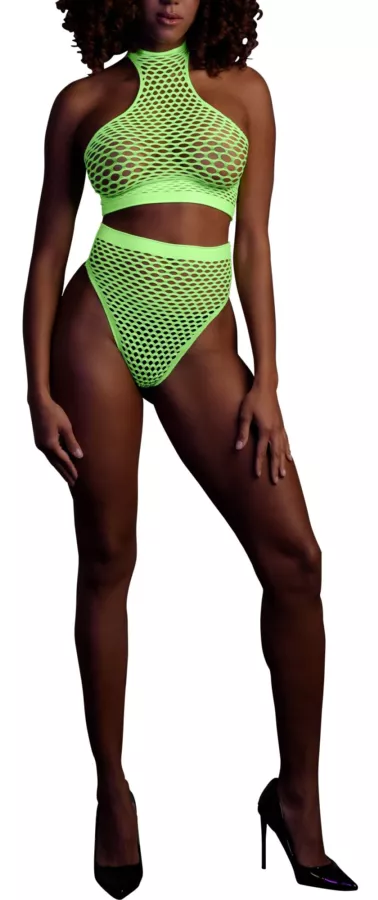 Set Bustier und Slip Netzstoff Neongrün
