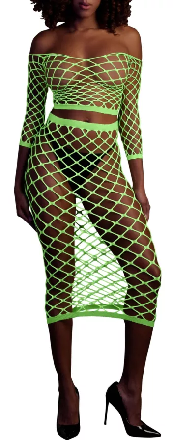 Bustier und Netzstoff-Kleid Schulterfrei Neongrün