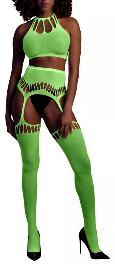 Set Rückenfreier Bustier und Strumpfhalter 2-teilig Neongrün