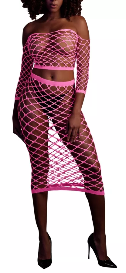 Bustier und Netzstoff-Kleid Schulterfrei Neonrosa