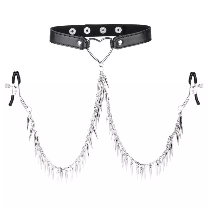 Halsband mit Spike Heart Nippelklemmen Schwarz
