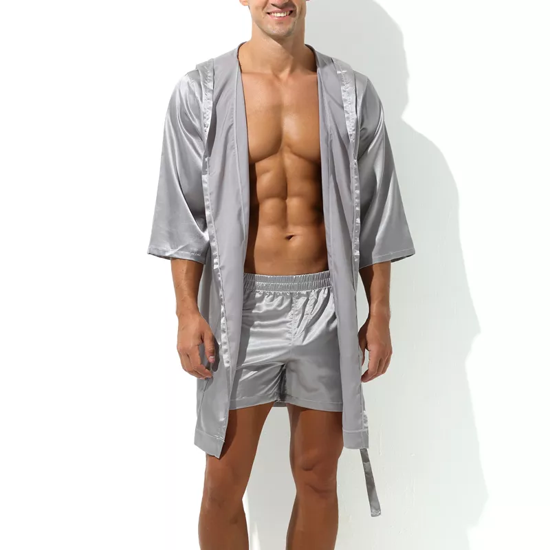 Bademantel mit Satin-Effekt Long Slit Grau