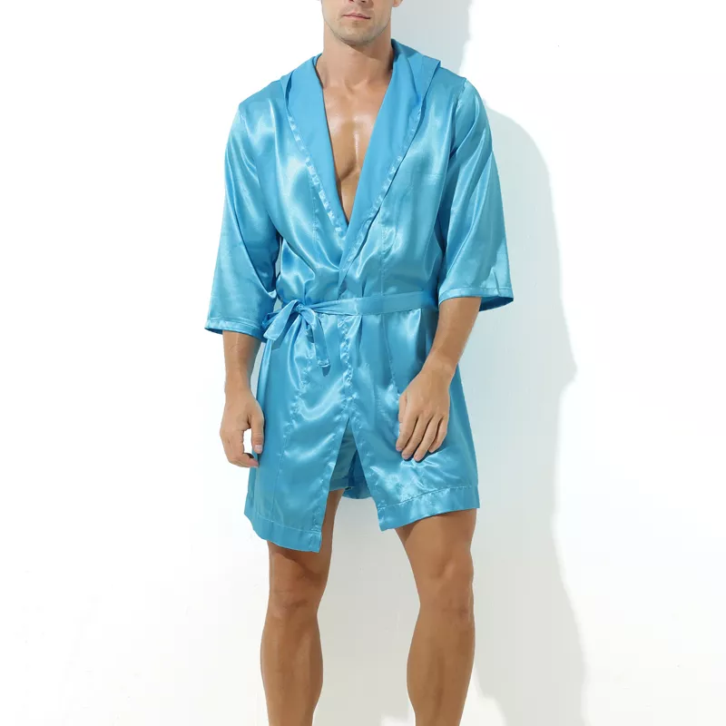 Bademantel mit Satin-Effekt Long Slit Türkisblau