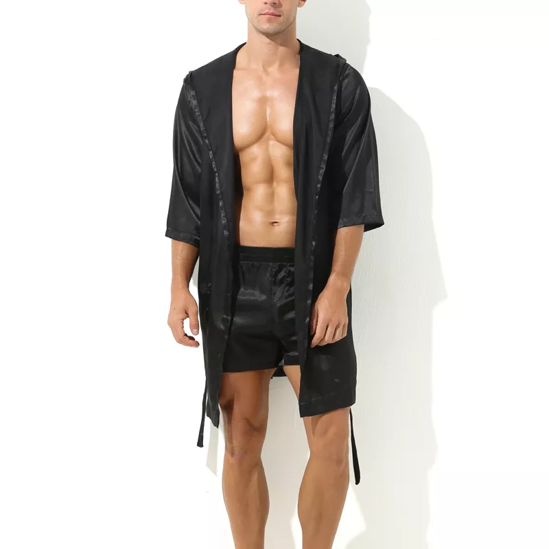 Bademantel mit Satin-Effekt Long Slit Schwarz