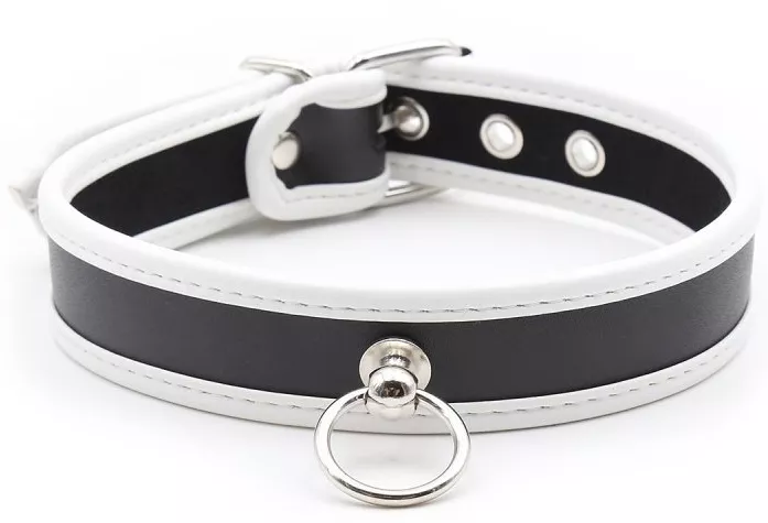 O-Ring-Halsband Kunstleder Schwarz-Weiß