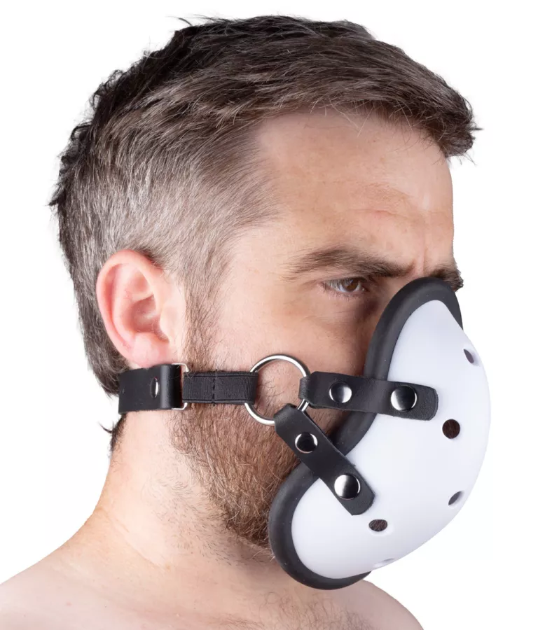 Maske mit Ledriemen "Sniff my ...." Weiß