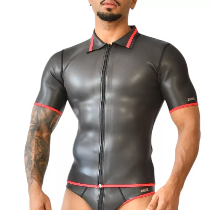 Neopren-Polo Xrub mit Reißverschluss Schwarz-Rot