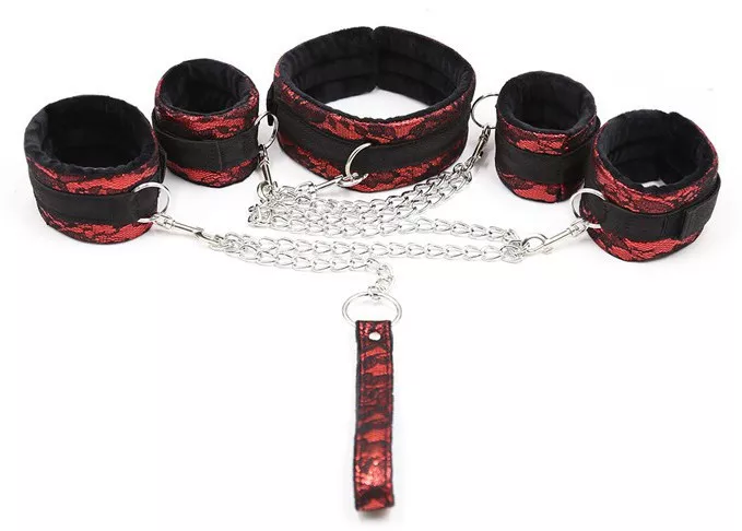 Bondage-Set Halsband Manschetten Rot