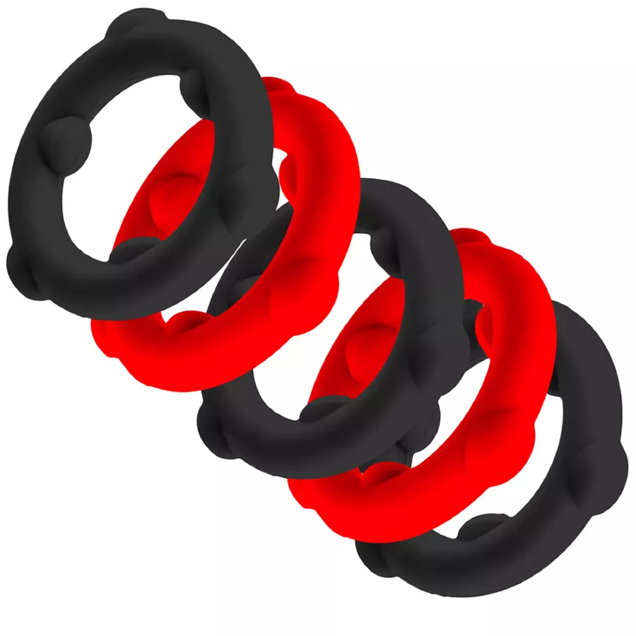 Set mit 5 Cockrings Spinner 25 mm Schwarz-Rot