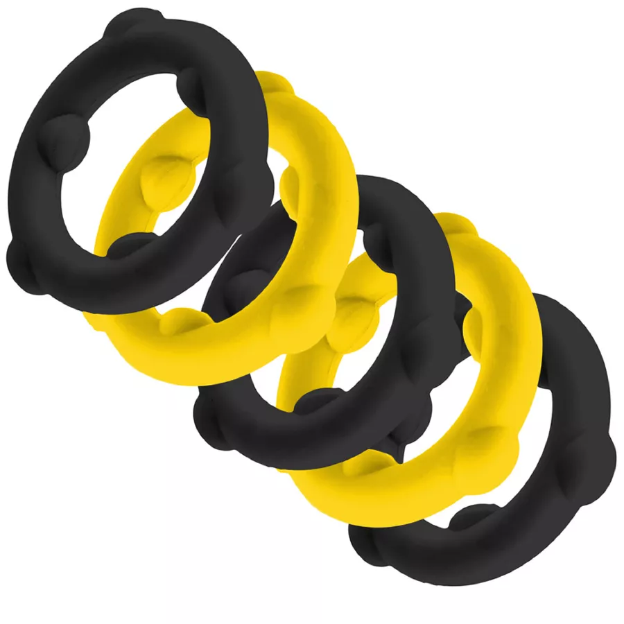 Set mit 5 Cockrings Spinner 25 mm Schwarz-Gelb