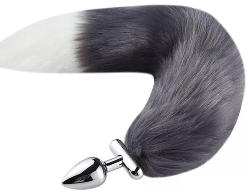 Converteerbare vossenstaart sieraad plug Foxy roxy 5.5 x 2.7cm staart 39cm grijswit