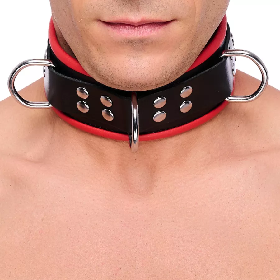 Lederhalsband mit 3 D-Ringen Rot