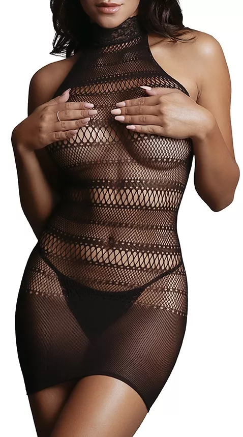 Robe sexy High Lace Neck Net Schwarz