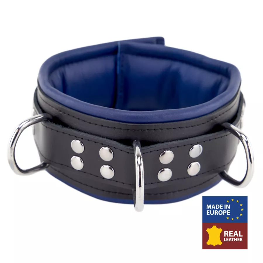 Gepolstertes Lederhalsband 3 D-Ringe Blau