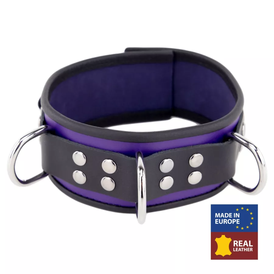 Lederhalsband 3 D-Ringe Violett-Schwarz
