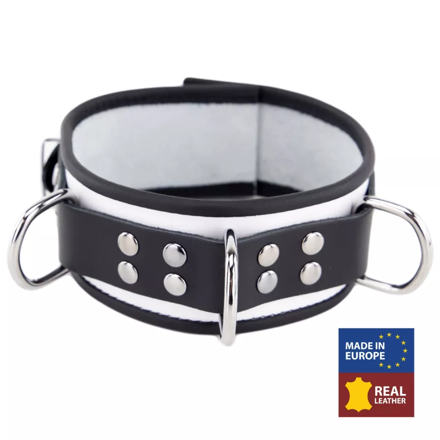 Lederhalsband 3 D-Ringe Weiß-Schwarz