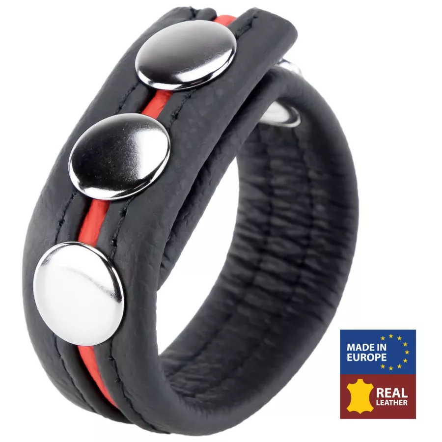 Leder-Cockring 3 Druckknöpfe Schwarz-Rot