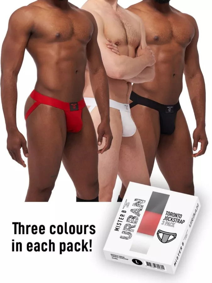 3er-Pack Jockstraps Mister B TORONTO Weiß-Schwarz-Rot