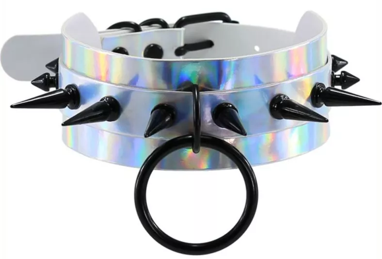 Nieten-Halsband Strobo Laser Silber-Schwarz