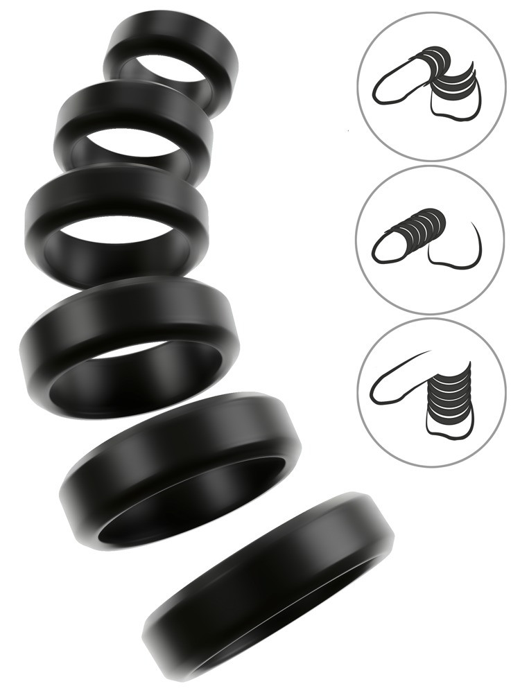 Lot de 6 Cockrings Cock & Ball 26 à 56 mm Noirs