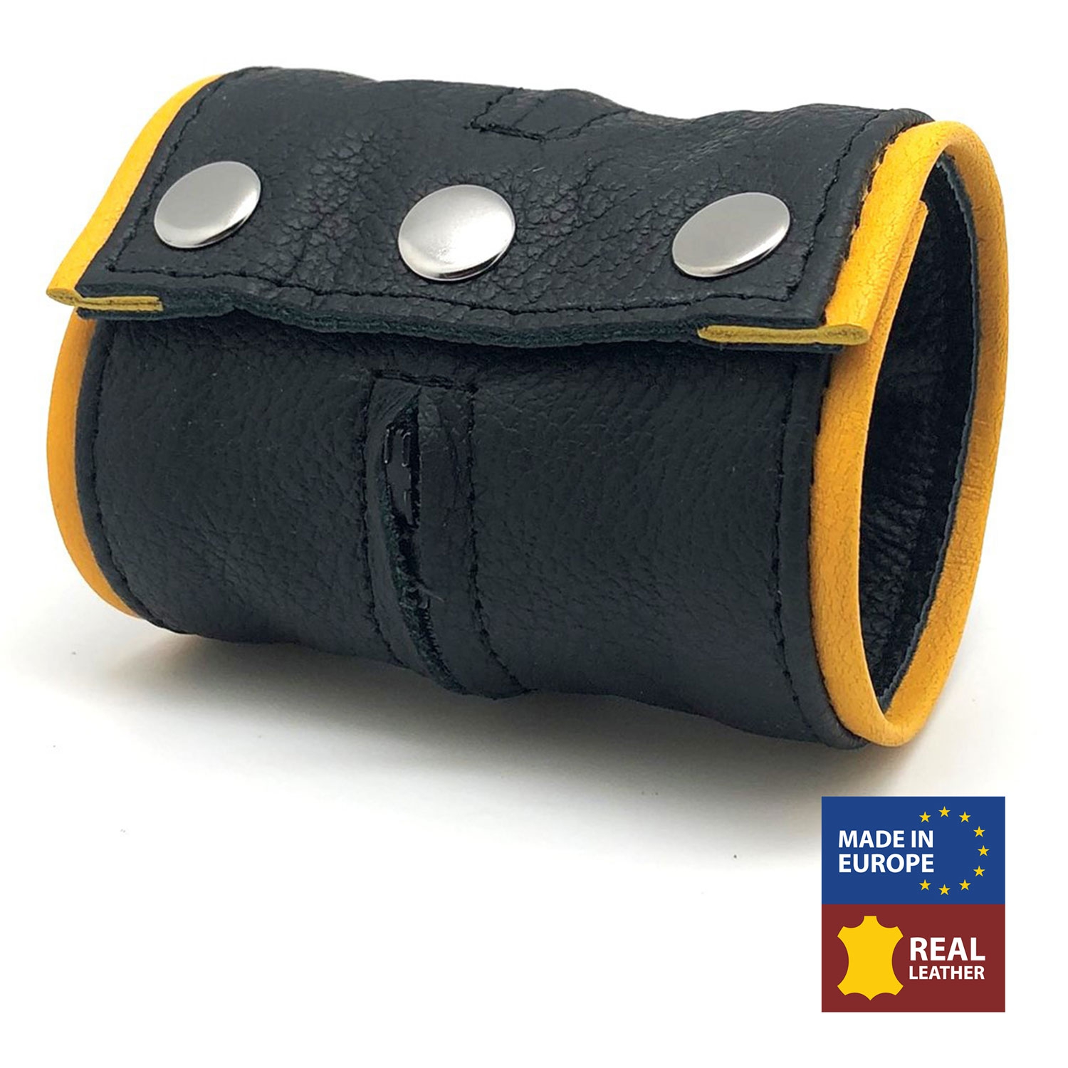 Poignet bracelet de force en cuir - Noir/Jaune- avec zip