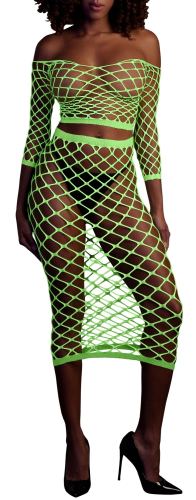 Neon Green Mesh Bustier and Off-Shoulder Dress