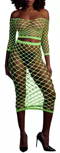 Bustier und Netzstoff-Kleid Schulterfrei Neongrün – 1/14