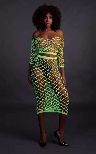 Bustier und Netzstoff-Kleid Schulterfrei Neongrün – 10/14