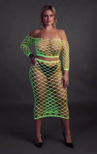 Bustier und Netzstoff-Kleid Schulterfrei Neongrün – 14/14