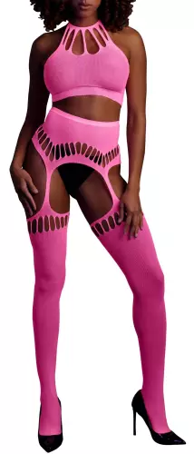 Set Rückenfreier Bustier und Strumpfhalter 2-teilig Neonrosa – 1/14