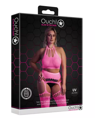 Set Rückenfreier Bustier und Strumpfhalter 2-teilig Neonrosa – 6/14