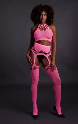 Set Rückenfreier Bustier und Strumpfhalter 2-teilig Neonrosa – 8/14