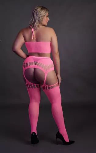 Set Rückenfreier Bustier und Strumpfhalter 2-teilig Neonrosa – 11/14