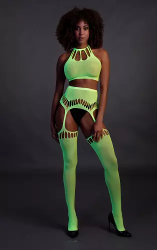 Set Rückenfreier Bustier und Strumpfhalter 2-teilig Neongrün – 10/14