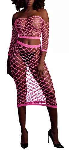 Bustier und Netzstoff-Kleid Schulterfrei Neonrosa – 1/15