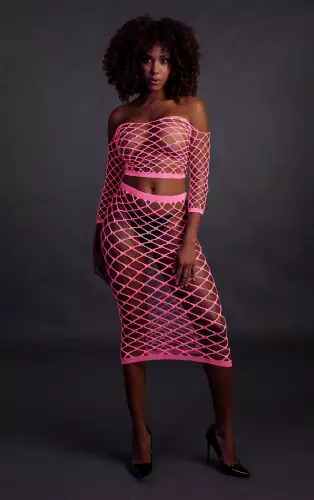 Bustier und Netzstoff-Kleid Schulterfrei Neonrosa – 7/15