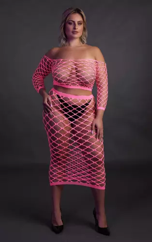 Bustier und Netzstoff-Kleid Schulterfrei Neonrosa – 14/15