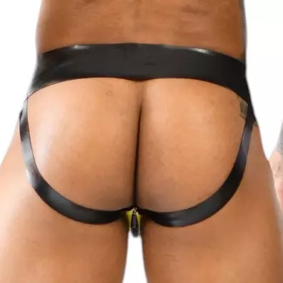 Latex jockstrap Xrub met rits zwart-geel – 2/3
