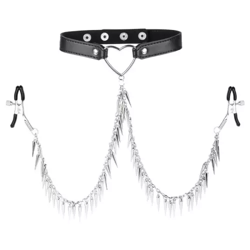 Halsband mit Spike Heart Nippelklemmen Schwarz – 1/2