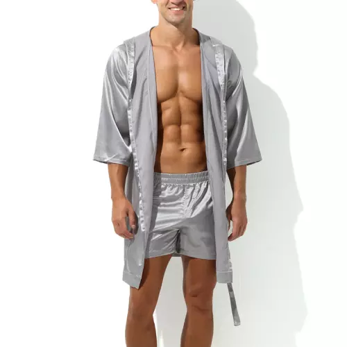 Bademantel mit Satin-Effekt Long Slit Grau – 1/2