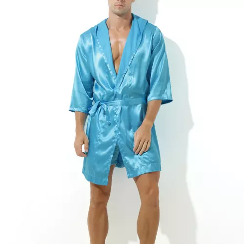 Bademantel mit Satin-Effekt Long Slit Türkisblau – 1/2