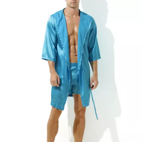 Bademantel mit Satin-Effekt Long Slit Türkisblau – 2/2