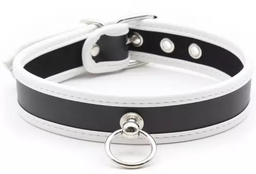 O-Ring-Halsband Kunstleder Schwarz-Weiß – 1/4