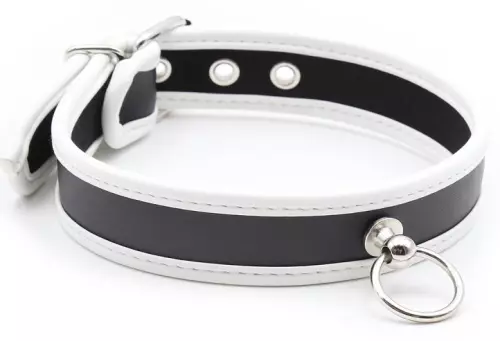 O-Ring-Halsband Kunstleder Schwarz-Weiß – 3/4