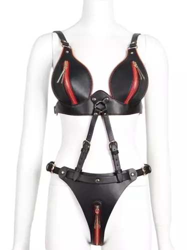 2-teiliges offenes Set Leathcrossed Schwarz und Rot – 1/4