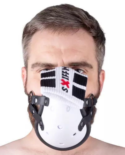 Maske mit Ledriemen "Sniff my ...." Weiß – 3/6