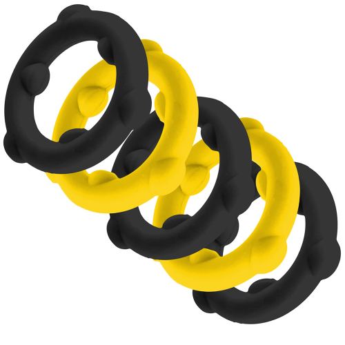 Set mit 5 Cockrings Spinner 25 mm Schwarz-Gelb