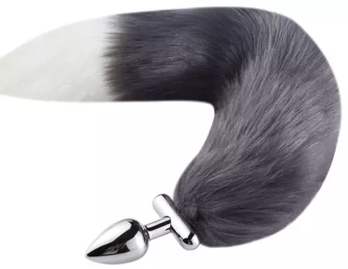 Converteerbare vossenstaart sieraad plug Foxy roxy 5.5 x 2.7cm staart 39cm grijswit – 1/2