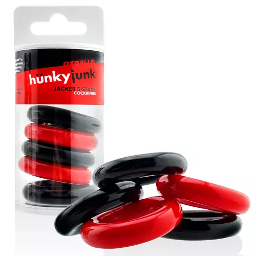 5er-Set dehnbare Penisringe Jacker 5-Stack 22mm Schwarz-Rot – 2/5