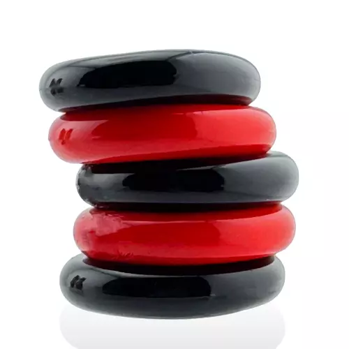 5er-Set dehnbare Penisringe Jacker 5-Stack 22mm Schwarz-Rot – 3/5